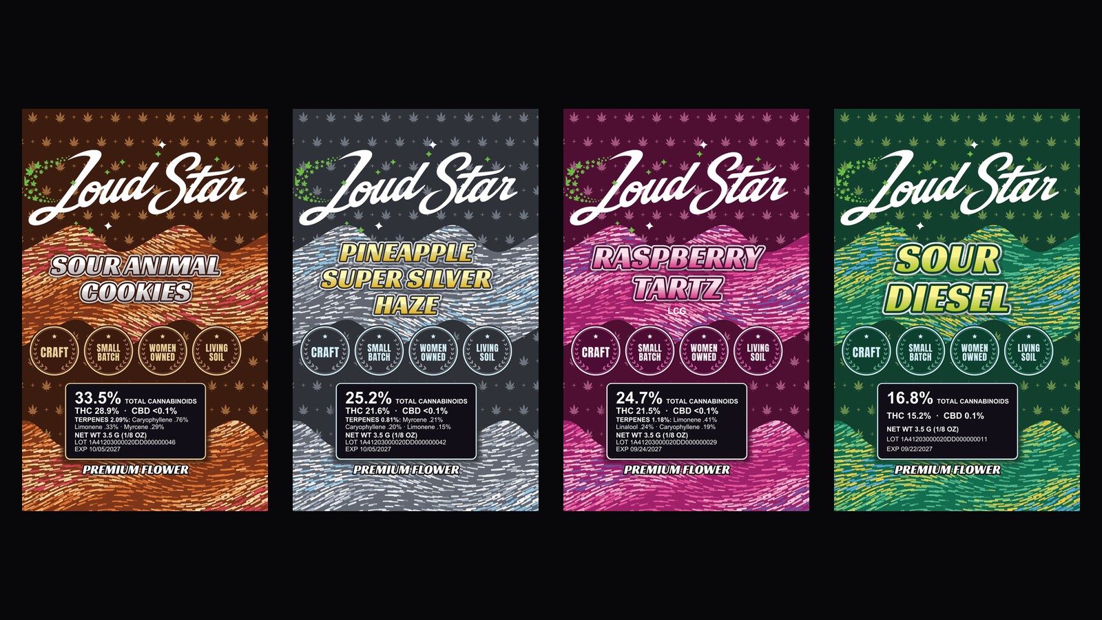 Loud Star Sour Animal Cookies, Pineapple Super Silver Haze, Raspberry TartZ and Sour Diesel bags