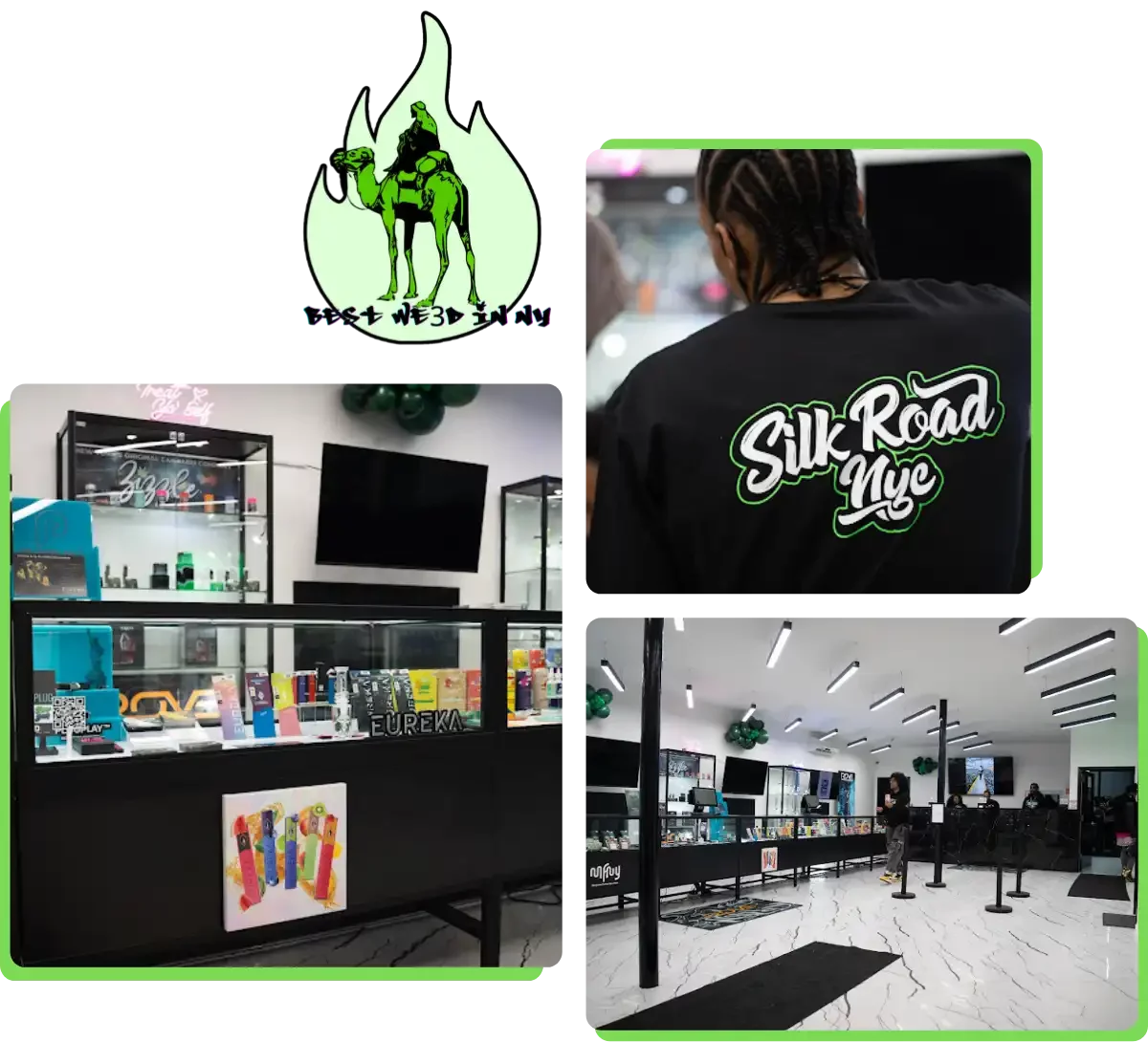 Silk Road NYC - Collage of Four Images; A Man Riding a Camel, A Man Wearing a Shirt with a Company Logo, Product Display Case with Lighters, and the Store Interior of the Front Register